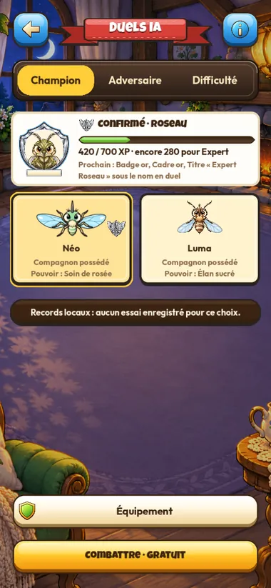 Menu Champion des duels avec maîtrise